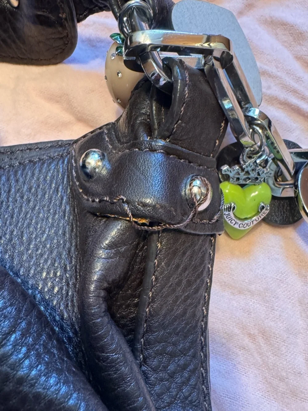 Vintage Y2K Juicy Couture Brown Pebble Leather Large Hobo Bag Silver Charms